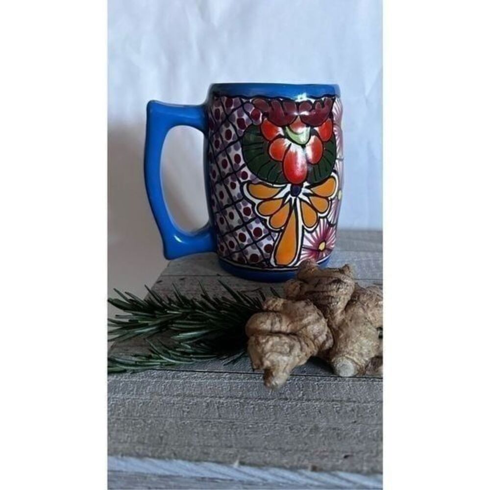Mug clay glazed Mexican pottery folk art vibrant multi colors flower des
